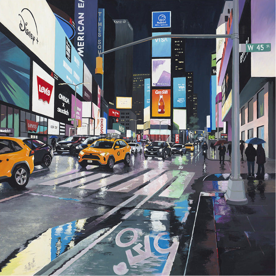 Rainy Night, Times Square Block Mounted Print by Jo Quigley