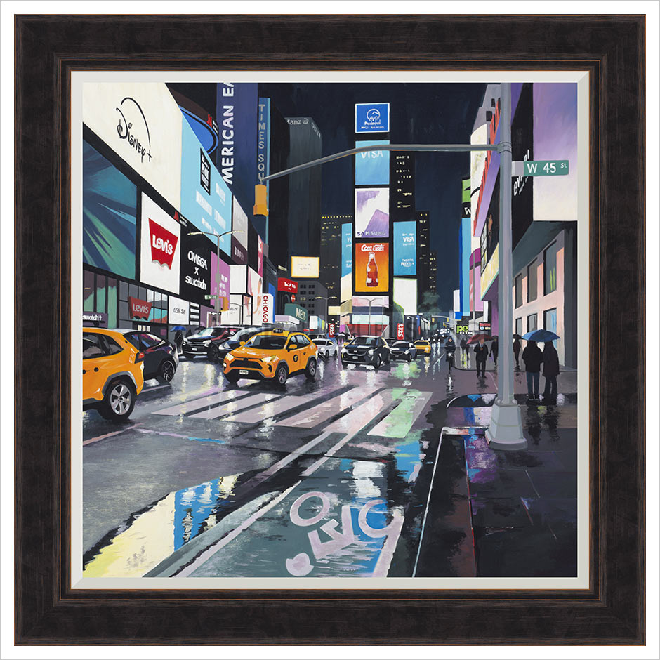 Rainy Night, Times Square Framed Print by Jo Quigley