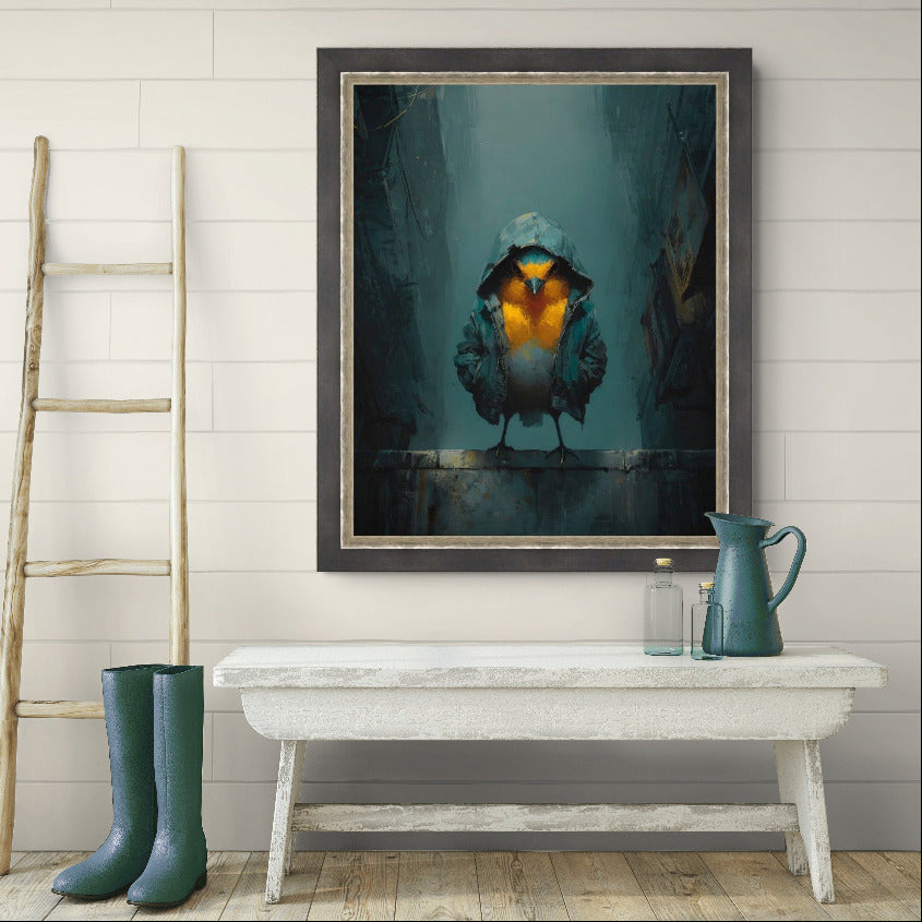 Robin in the Hood by Boid in a rustic hallway setting