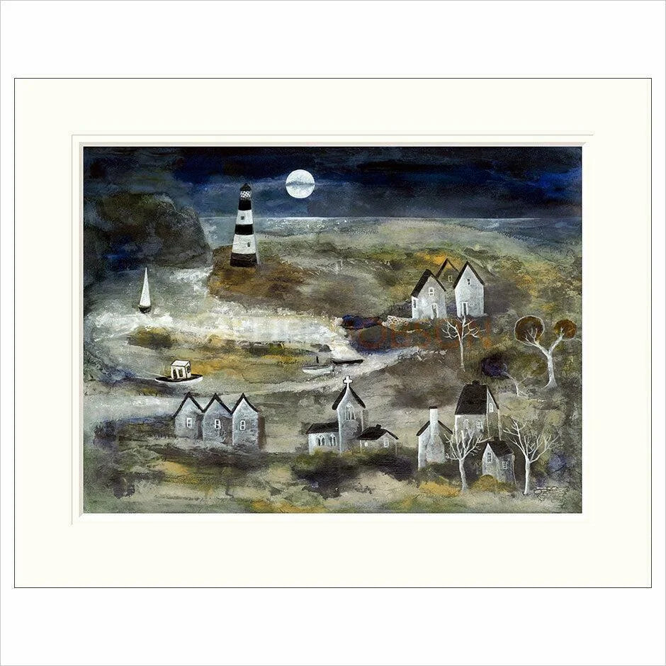 Moonlit Lighthouse Mounted Limited Edition Print by Rosa Sepple