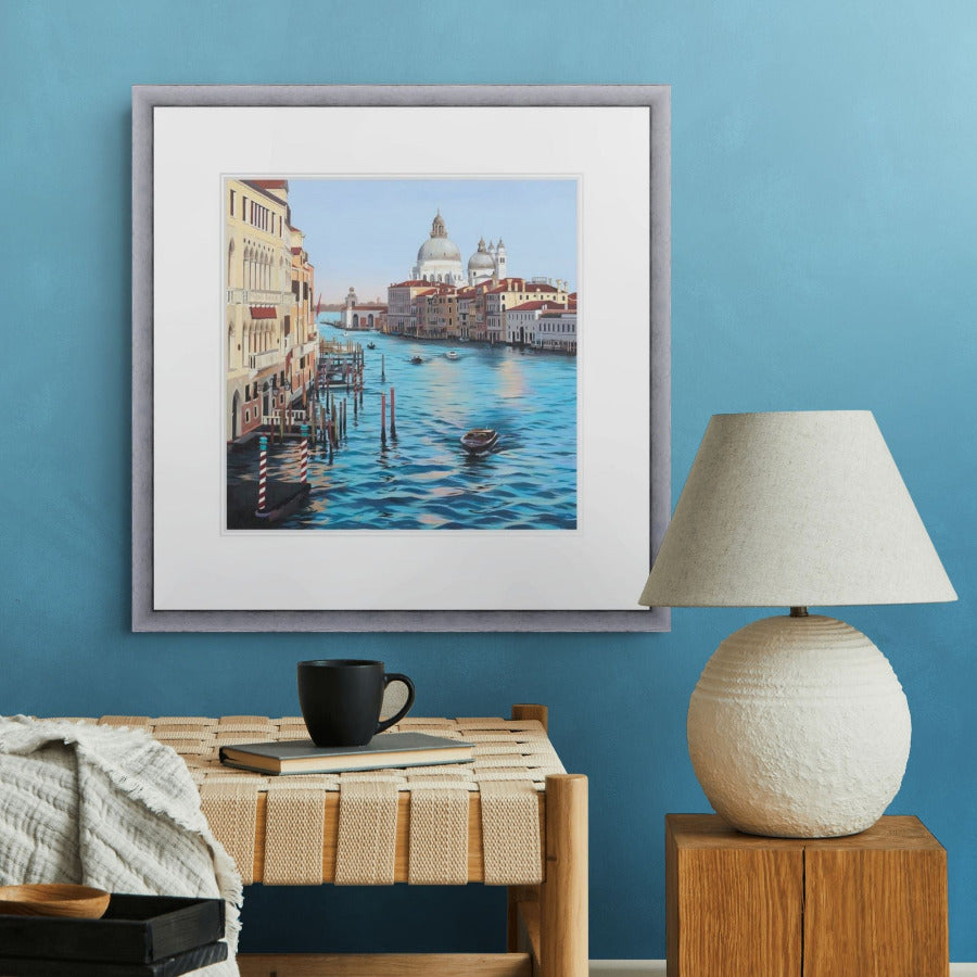 The Grand Canal Venice by Jo Quigley in a cosy blue living room setting